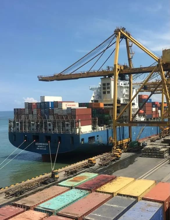Container vessel under gantry cranes at a port terminal